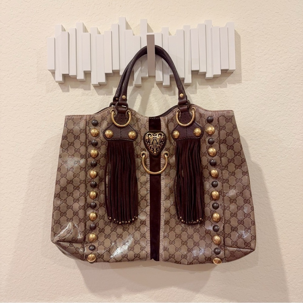 Authentic Gucci Beige Ebony GG Crystal Canvas Babouska Heart Tote Bag Large